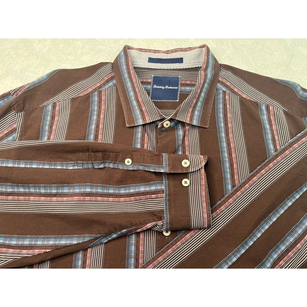 Tommy Bahama Mens Size XXL Striped Button Up Silk Cotton Shirt Long Sleeve
